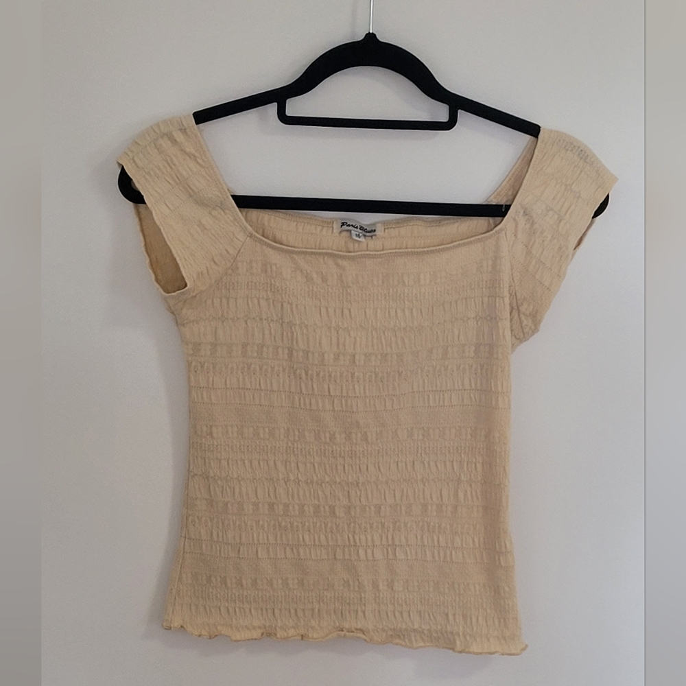 Y2K Paris Blues Pale Yellow Off the Shoulder Crop Tshirt in women's size Medium